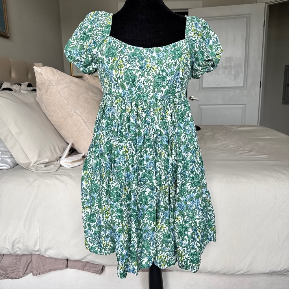 J. Crew Green and White Floral Midi Dress with Puff Sleeves